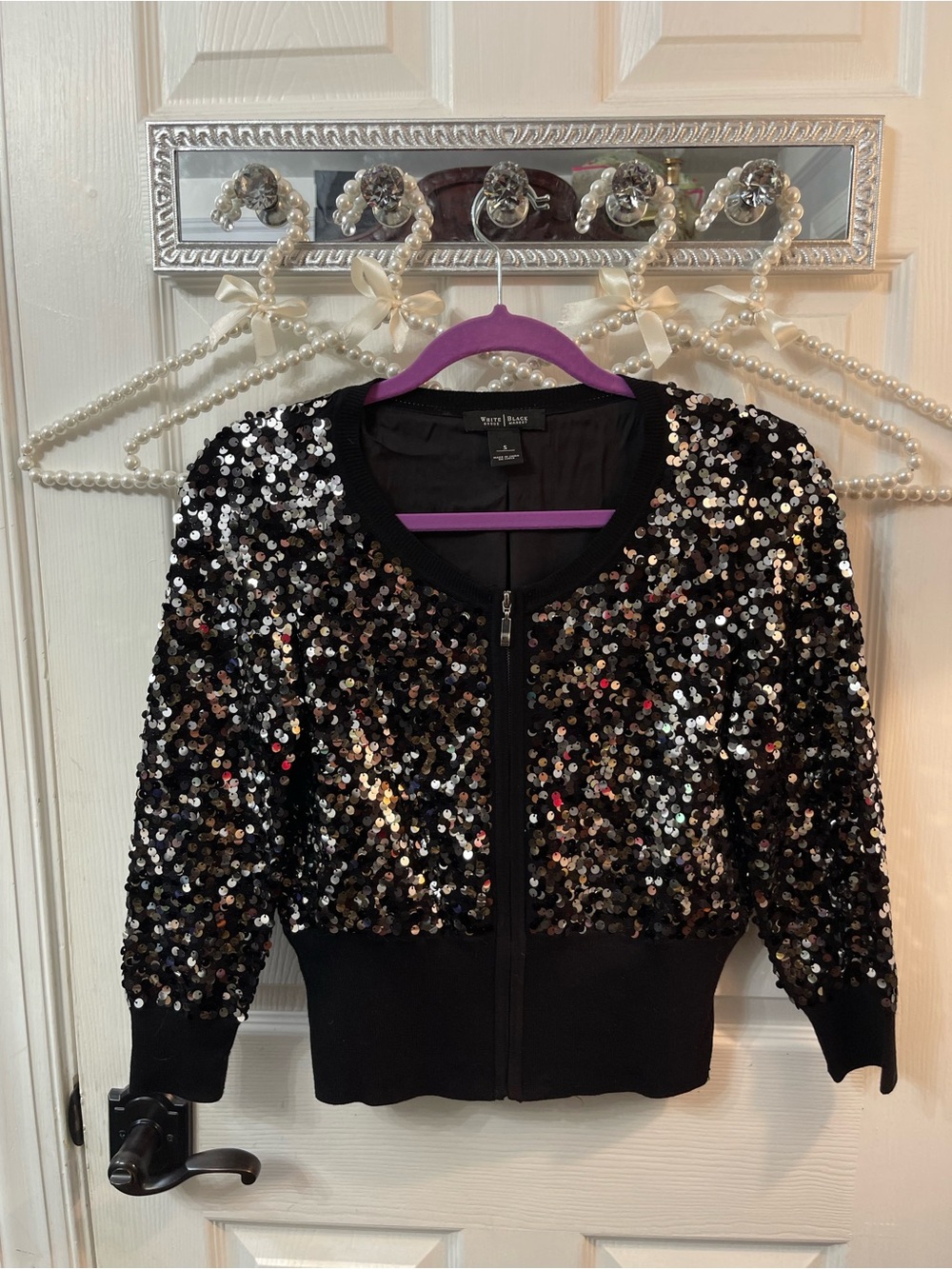 White House Black Market Black Sequin Zip Bomber Jacket